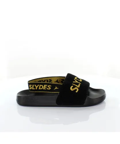 Slydes Coin Womens Slip On Back Strap Flip Flop Sliders Sandals SS20 Black Gold Textile