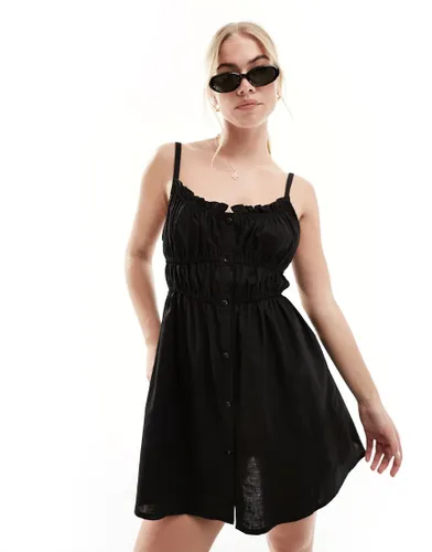 SNDYS linen ruched strappy mini dress in black