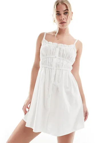 SNDYS linen ruched strappy mini dress in white
