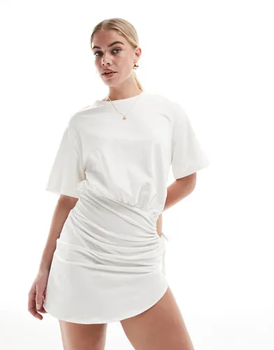 SNDYS short sleeve ruched side cut out mini dress in white