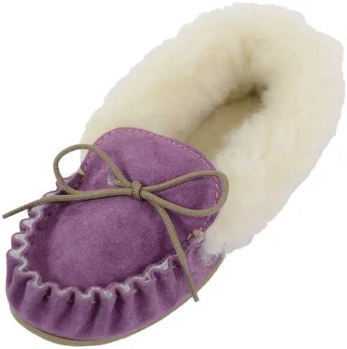 SNUGRUGS Ladies Purple Suede Moccasin Slippers with Wool