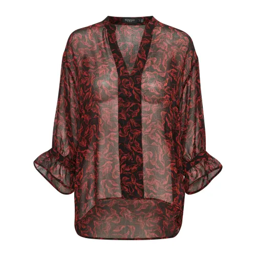 Soaked in Luxury , Flounce Sleeve Blouse with V-Neck and Sheer Fabric ,Brown female, Sizes: