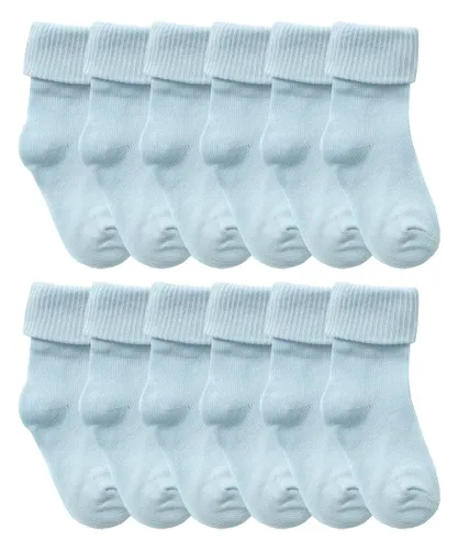 Sock Snob Baby Girl 12 Pair Babies Soft Cotton Plain Cute Turnover Top Socks - Light Blue