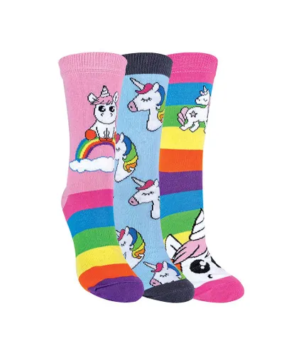 Sock Snob Childrens Girls 3 Pack Mythical Unicorn Striped Rainbow Theme Socks - Pink Cotton
