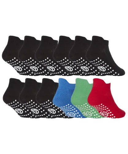 Sock Snob Girls 12 Pair Multipack Kids Cotton Trainer Socks with Rubber Grips - Black / Green - Multicolour