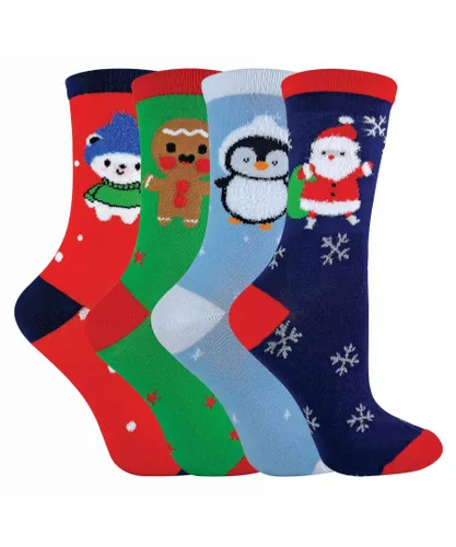Sock Snob Girls Kids/Childrens 4 Pack Thin Cotton Rich Xmas Christmas Socks 3 Sizes - Brown