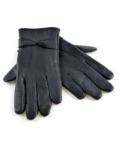 Sock Snob Ladies Womens Fleece Lined Warm Sheepskin Leather Gloves with Bow - Black