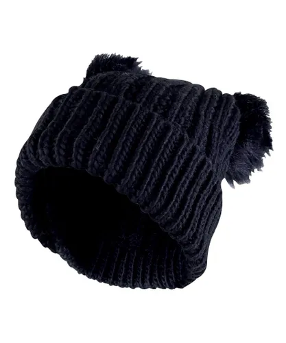 Sock Snob Womens Ladies Double Faux Fur Pom Pom Pull On Fashionable Knitted Beanie Hat - Black - One