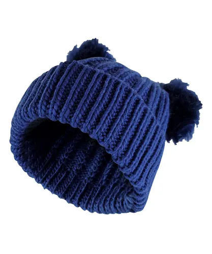 Sock Snob Womens Ladies Double Faux Fur Pom Pom Pull On Fashionable Knitted Beanie Hat - Blue - One