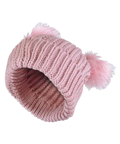 Sock Snob Womens Ladies Double Faux Fur Pom Pom Pull On Fashionable Knitted Beanie Hat - Pink - One