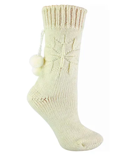 Sock Snob Womens - Ladies Warm Slipper Alpaca Wool Blend Pom Pom Bed Socks - Cream Wool (archived)