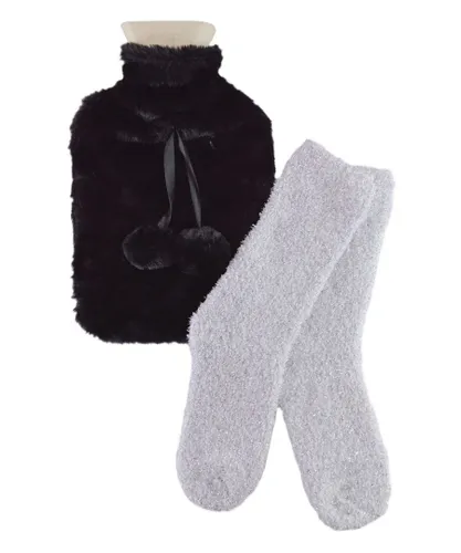 Sock Snob Womens - Plush Cuddly Hot Water Bottle & Fluffy Socks Gift Set for Women - Black - One