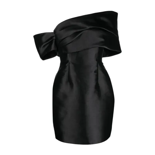 Solace London , Black Satin Finish Off-Shoulder Dress ,Black female, Sizes: