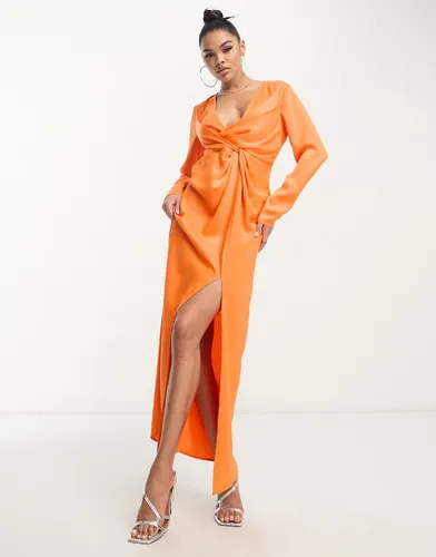 Something New X Klara Hellqvist satin twist front plunge maxi dress in sunset orange
