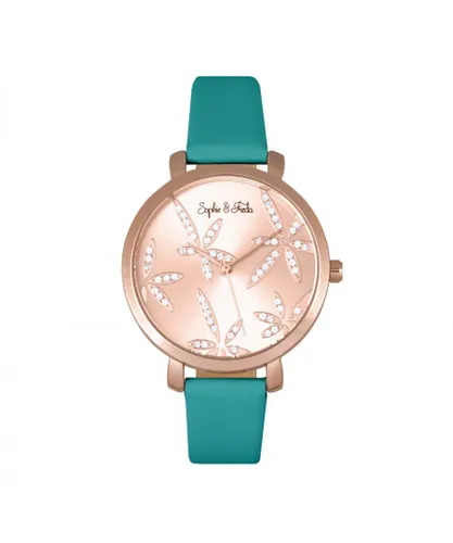 Sophie & Freda Womens Key West Leather-Band Watch w/Swarovski Crystals - Teal Stainless Steel - One Size
