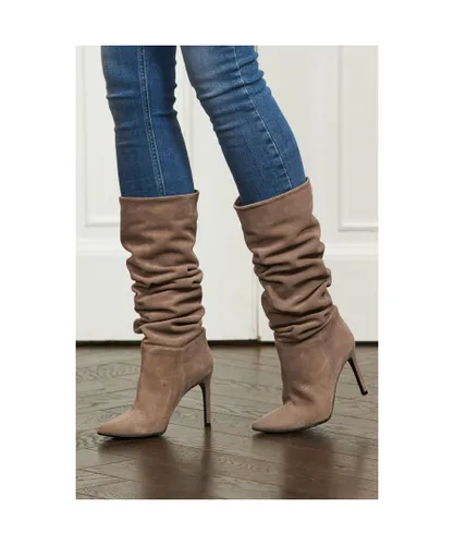 Sosandar Womens Belle Taupe Suede Heeled Slouch High Leg Boot Leather