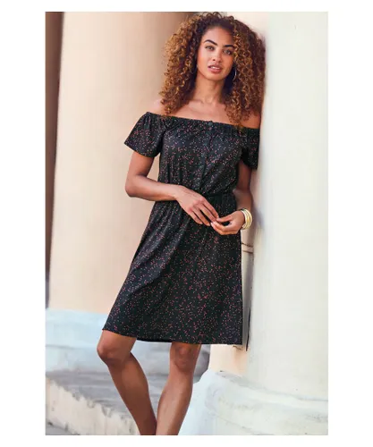 Sosandar Womens Berry Print Bardot Jersey Dress - Black