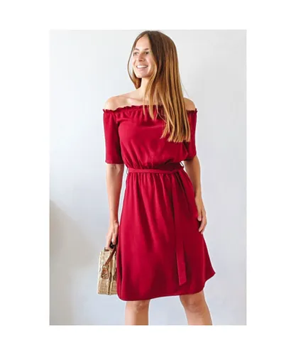 Sosandar Womens Berry Stretch Waist Bardot Summer Dress - Red