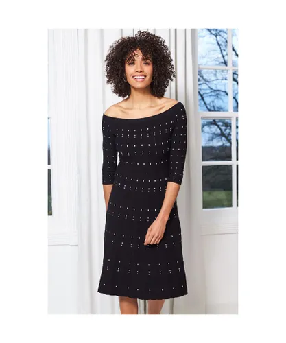 Sosandar Womens Black Bardot Stripe Detail Knitted Midi Dress