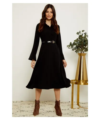 Sosandar Womens Black Button Front Fit & Flare Shirt Dress