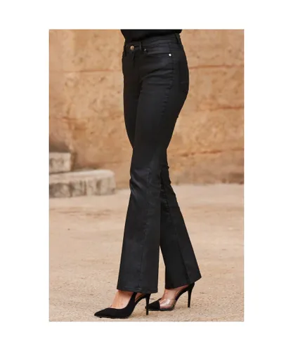 Sosandar Womens Black Coated Kick Flare Jeans Cotton