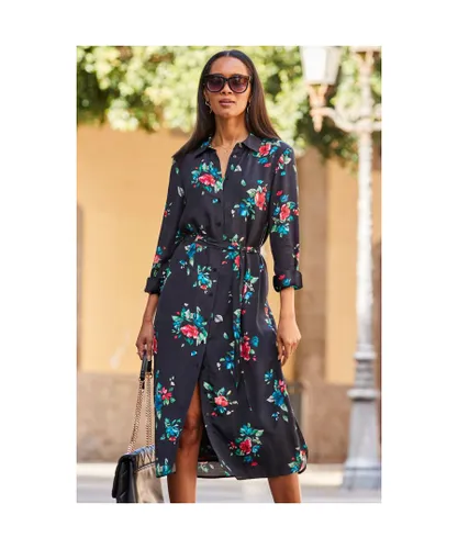 Sosandar Womens Black Floral Print Belted Midi Shirt Dress