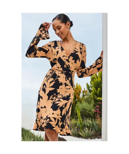Sosandar Womens Black Floral Print Fit & Flare Wrap Dress - Tan