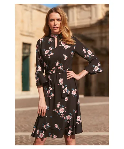Sosandar Womens Black Floral Print Ruffle Hem Shift Dress