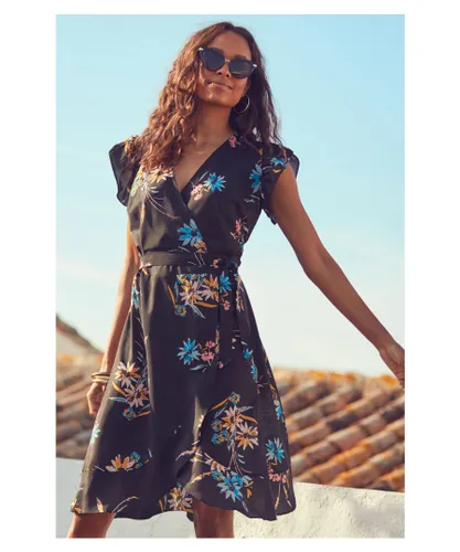 Sosandar Womens Black Floral Print Wrap Dress