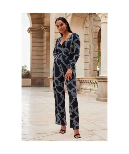 Sosandar Womens Black Geometric Print Faux Wrap Front Jumpsuit Viscose
