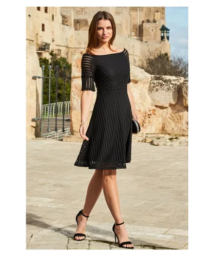 Sosandar Womens Black Lace Insert Bardot Fit & Flare Dress