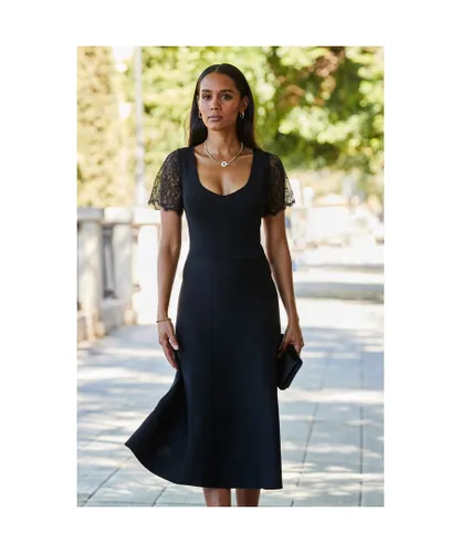 Sosandar Womens Black Lace Sleeve Detail Knitted Dress