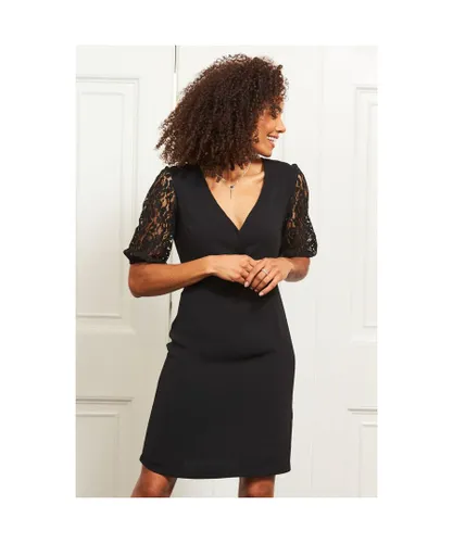 Sosandar Womens Black Lace Sleeve Wrap Front Dress
