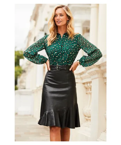 Sosandar Womens Black Leather Asymmetric Ruffle Hem Skirt