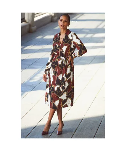 Sosandar Womens Black Multi Print Zip Front Belted Midi Dress - Brown