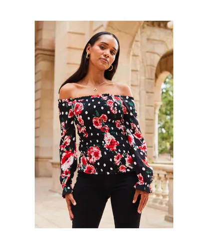 Sosandar Womens Black & Pink Floral Print Shirred Body Bardot Top