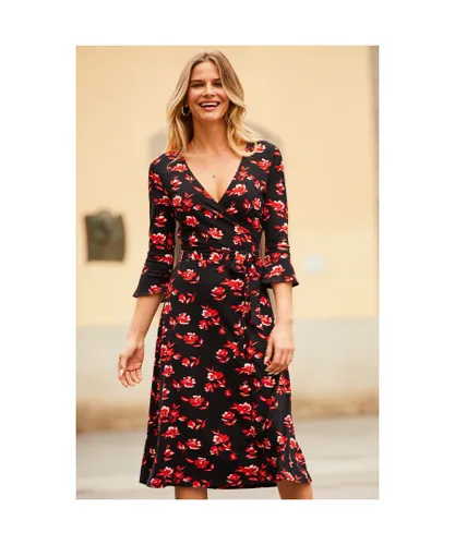 Sosandar Womens Black & Red Floral Print Jersey Midi Dress