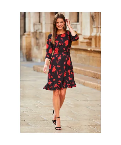 Sosandar Womens Black & Red Floral Print Tie Waist Ruffle Hem Dress