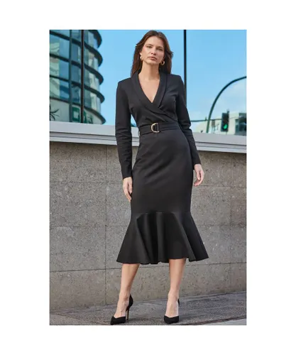 Sosandar Womens Black Tailored Fishtail Hem Wrap Dress