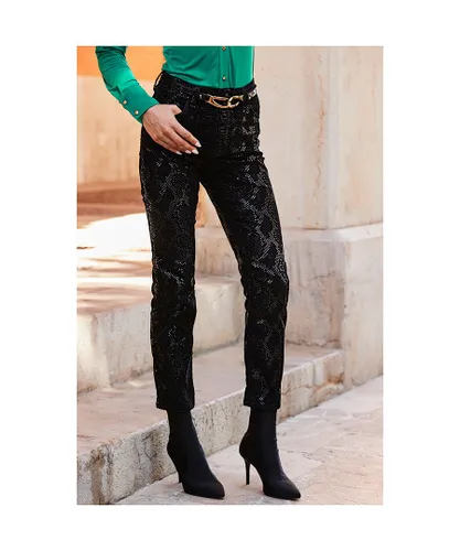 Sosandar Womens Black Textured Animal Print Coated Slim Leg Jeans Cotton