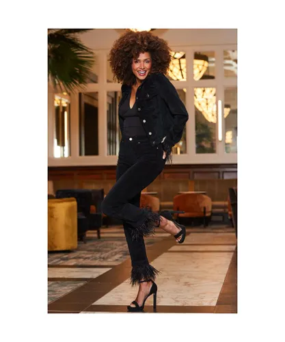 Sosandar Womens Black Velvet Feather Hem Slim Leg Jeans