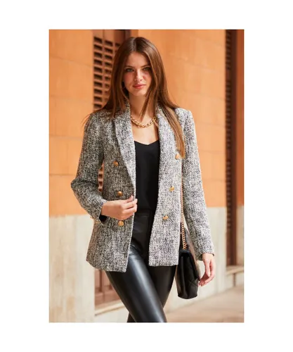 Sosandar Womens Black & White Boucle Blazer With Gold Buttons Cotton