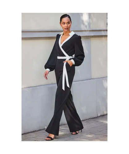 Sosandar Womens Black & White Contrast Trim Wrap Front Jumpsuit