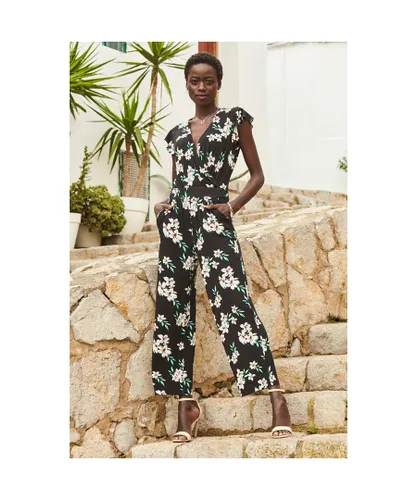 Sosandar Womens Black & White Floral Print Wrap Front Culotte Jumpsuit