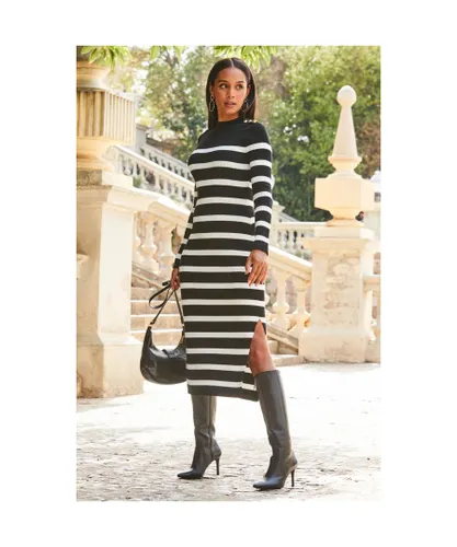 Sosandar Womens Black & White Stripe Button Detail Rib Knit Midi Dress