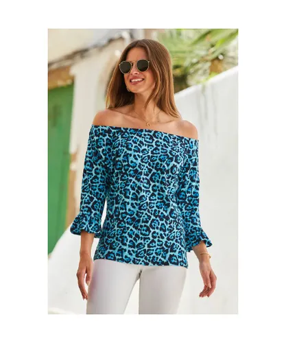 Sosandar Womens Blue Animal Print Fluted Sleeve Bardot Top