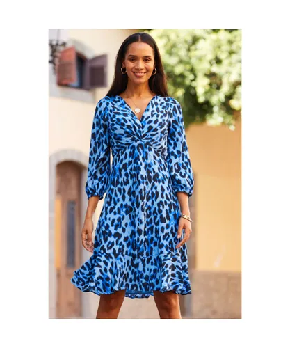 Sosandar Womens Blue Animal Print Twist Front Fit & Flare Dress