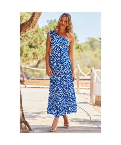 Sosandar Womens Blue Aztec Print One Shoulder Fit & Flare Maxi Jersey Dress