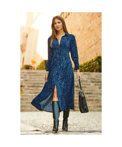 Sosandar Womens Blue & Black Animal Print Midi Shirt Dress