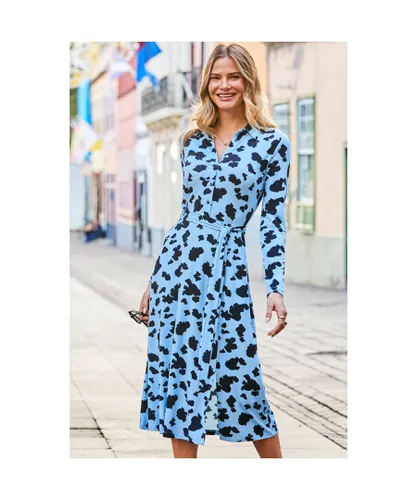 Sosandar Womens Blue & Black Chic Animal Print Midi Shirt Dress